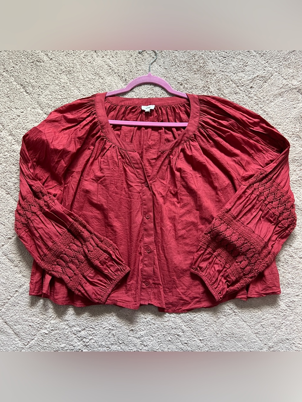 Aerie Long Sleeve Cotton Blouse Crochet Boho Peasant Oversized Cottage Size L